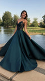 Princess A line Spaghetti Strap Dark Green Satin Lace Prom Dress Long Prom Gown HZ0311