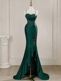 Elegant Mermaid Spaghetti Straps Blue Satin Beaded Pleated Long Prom Dresses Vestidos De Dia HZ0311