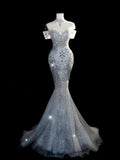Princess Long Wedding Gowns Mermaid Off The Shoulder White Sequins For Bride With Sleeves Train Bridal Dresses HZ0311
