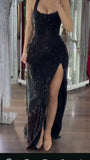 Luxurious Mermaid Halter Black With Slit Split Sequin Prom Dress 16 Birthday Party Dress Evening Dresses HZ0311