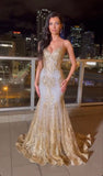 Sexy Mermaid Spaghetti Straps Gold Sequin Inspo For Black Women Girls Formal Party Gowns Long Prom Dresses HZ0311