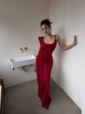 Unique Mermaid Spaghetti Strap Bright Red With Scarf Long Prom Dresses Inspiration Birthday Gowns Formal Evening Dress HZ0311