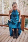 New Arrival A Line Halter Teal Blue Satin Long Prom Dresses Inspo Formal Night Party Dress HZ0311