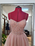 Unique A line Spaghetti Strap Pink Tulle Slit Prom Dresses With Beaded For Teens Formal Dress Party Outfits Prom Gown HZ0311