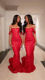 Glitter Mermaid Off The Shoulder Red Sequins Long Formal Fancy Prom Evening Dress Dinner Outfits Classy Party Gowns For Black Girls HZ0311
