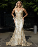 Classy Mermaid Spaghetti Straps Gold Sequin Inspo For Black Women Girls Formal Party Gowns Long Prom Dresses HZ0311