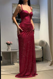 Hot Pink Glitter Bodycon Prom Dresses 2026 with Sweetheart Neck Spaghetti Straps Ruched Side Slit Vestidos Evening Gowns HZ0311