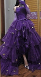 Modest High Low Strapless Purple Satin With Lace Prom Dresses Long Party Dress Grad Formal Evening Dresses HZ0311