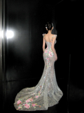Shimmer Mermaid Scoop Neck Floral Sequin Lace Wedding Dress With Train Fairytale Brides Gown Wedding Dresses HZ0311