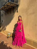 Graceful A line Fuchsia Straight Across Pleated Sleeveless Prom Dress With Scarf Formal Evening Dress Party Gowns HZ0311