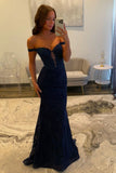 Navy Blue Mermaid Lace Appliques Prom Dresses Long for Women 2026 Off the Shoulder Illusion Formal Vestidos De Dia HZ0311