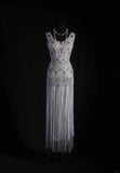 Vintage Sheath V Neck Lace Silver Gray Tassel Long Party Dress With Beads 1950s Retro Classy Birthday Dinner Prom Dress HZ0311