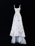 Classy High Low Square Neck Formal Floral Satin White Style Impress Long Prom Dresses Party Gowns HZ0311