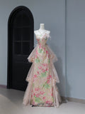 Cute Prom Dresses Aesthetic A Line Halter Sequin Pink Floral Inspiration Style Impress Corset Fitted Long Party Formal Gown HZ0311