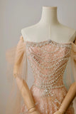 Modest A line Off The Shoulder Champagne Sequin Beaded Prom Dresses Long Party Dress Evening Outfits Graduation Dress HZ0311