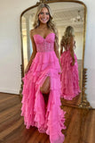 A line Sweetheart Pale Yellow Chiffon Flowy Ruffle Long Formal Gowns Prom Dresses Evening Dress HZ0311