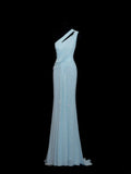 Chic Mermaid One Shoulder Light Sky Blue Pleated Ruffle Sequin Long Prom Dresses Inspiration Evening Gowns Formal Party Dress HZ0311