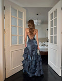 Whimsical Mermaid Spagehtti Strap Long Prom Dress Corset Back Navy Blue Long Formal Birthday Dresses HZ0311