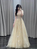 Unique A line Off The Shoulder Gold With Short Sleeves Prom Dresses Inspiration Party Night Gowns 20th Birthday Outfits HZ0311