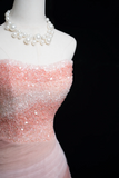 Timeless Ball Gown Strapless Pink Tulle Beaded Long Prom Dresses For Teens Formal Dress Birthday Outfits Prom Gown HZ0311