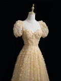 Princess A Line Square Neck Gold Tulle Flowers Long Prom Dresses Impress 20th Birthday Outfits Prom Gown HZ0311