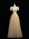 Princess A Line Square Neck Gold Tulle Flowers Long Prom Dresses Impress 20th Birthday Outfits Prom Gown HZ0311