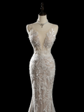 Vintage Mermaid Spaghetti Strap Sleeveless Sequin Lace Fitted Beaded Long Wedding Dress Bride Gown Wedding Dresses HZ0311