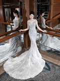 Princess Mermaid Off The Shoulder Short Sleeves Silver Sequin Fitted Long Wedding Dress Bridal Gown Wedding Dresses HZ0311