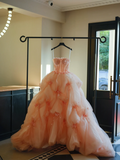 Cute Ball Gown Strapless Blush Pink Tulle Flowers Long Quinceanera Dress Sweet 15 16 Dresses HZ0311