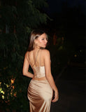 Aesthetic Mermaid 2 Pieces Champagne Satin Long formal dresses Evening Prom Dresses HZ0311