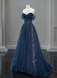 A-Line Off Shoulder Tulle Lace Dark Blue Long Prom Dresses HZ0311