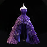 Princess High Low Strapless Purple Satin With Lace Prom Dresses Long Party Dress Grad Formal Evening Gowns HZ0311