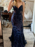 Shinning Mermaid Spaghetti Straps Navy Blue 2026 Sequined Lace For Women Party Dresses Long Formal Prom Dress 22th Birthday Gown HZ0311