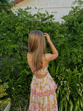 Elegant A Line Spaghetti Straps Floral Print Ruffles Long Prom Dress Party Gowns HZ0311