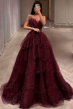 Gorgeous Dusty Blue Sparkly Tulle Beaded Prom Dress Tiered Formal Gown With Rhinestone Party Gowns HZ0311