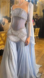Luxury Baby Blue Pearl Chiffon Prom Dress Princess Birthday Dress For Women HZ0311