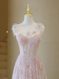 Stylish A line Straps Pink Tulle Lace Long Prom Dresses Inspiration Evening Gowns Formal Party Prom Dress HZ0311