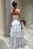 Elegant Strapless Tiered Floor Length Prom Dress, A Line Ruched Long Formal Evening Dress HZ0311